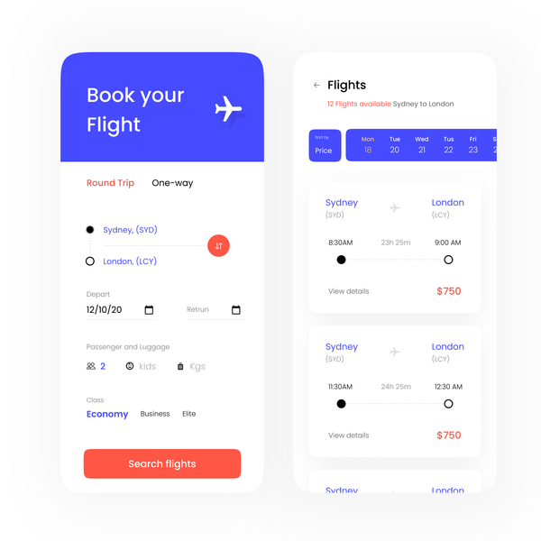 Flights booking app UI