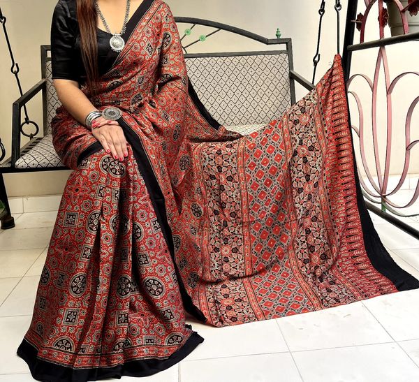 Ajarakh hand block print natural colors Modal silk saree with blouse
