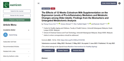 The Effects of 12 Weeks Colostrum Milk Supplementation on the Expression Levels of Pro-Inflammatory Mediators and Metabolic Changes among Older Adults: Findings from the Biomarkers and Untargeted Metabolomic Analysis