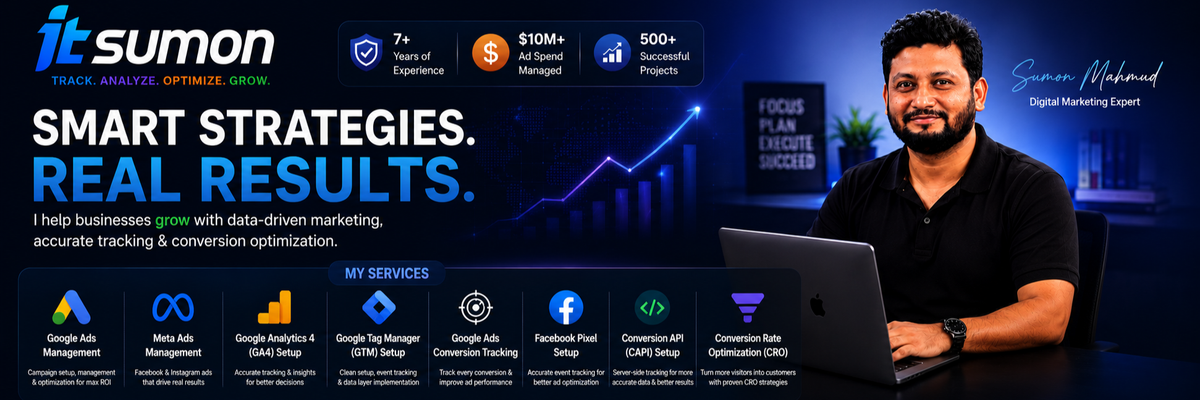 Web Analytics, Facebook Pixel, GTM & GA4 and Google Ads - Sumon cover Web Analytics, Facebook Pixel, GTM & GA4 and Google Ads - Sumon cover